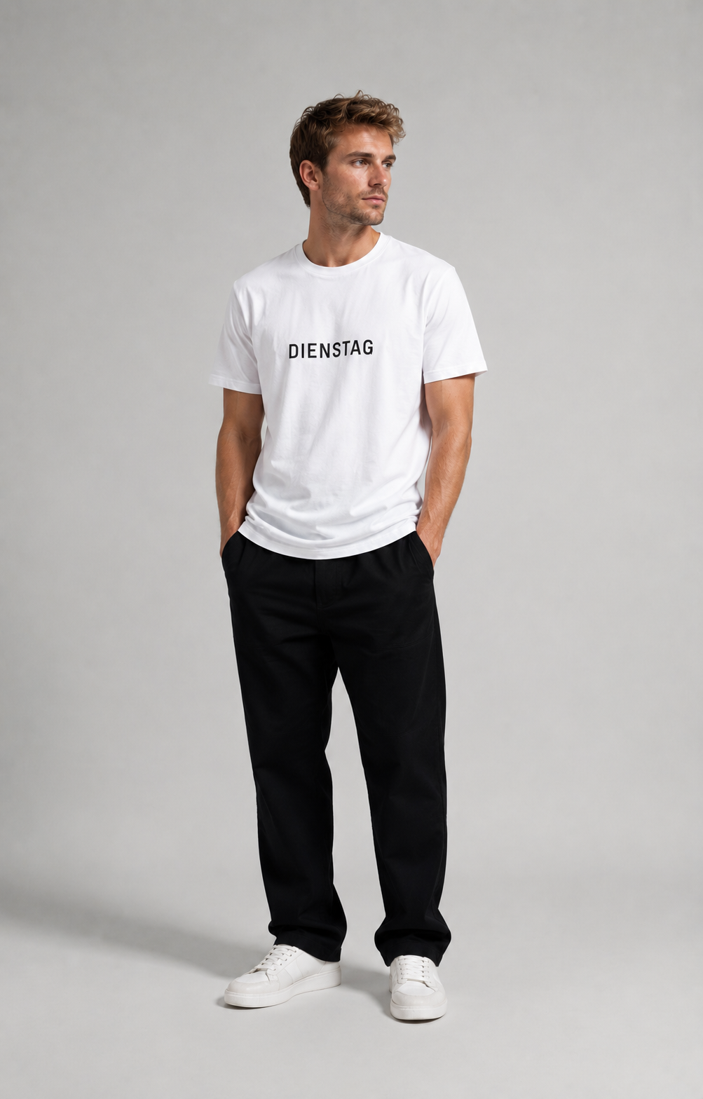 MODAY German model wearing DIENSTAG T-shirt