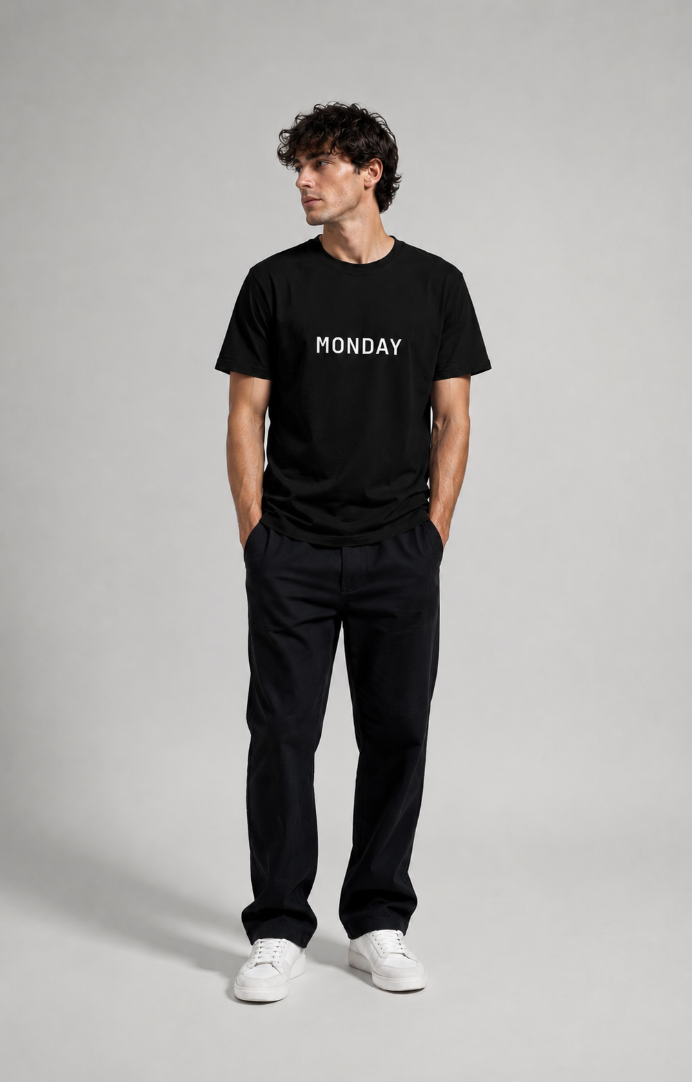 MODAY English model wearing MONDAY T-shirt