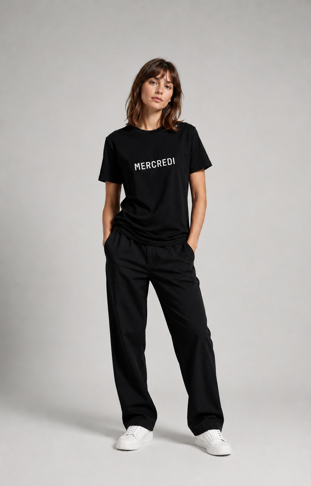 MODAY French model wearing MERCREDI T-shirt