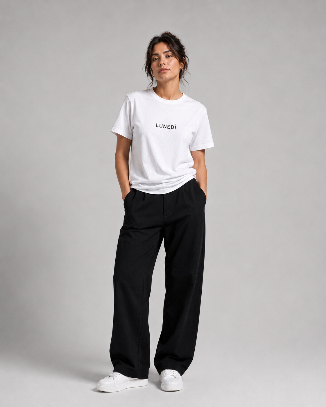 MODAY Italian model wearing LUNEDI T-shirt