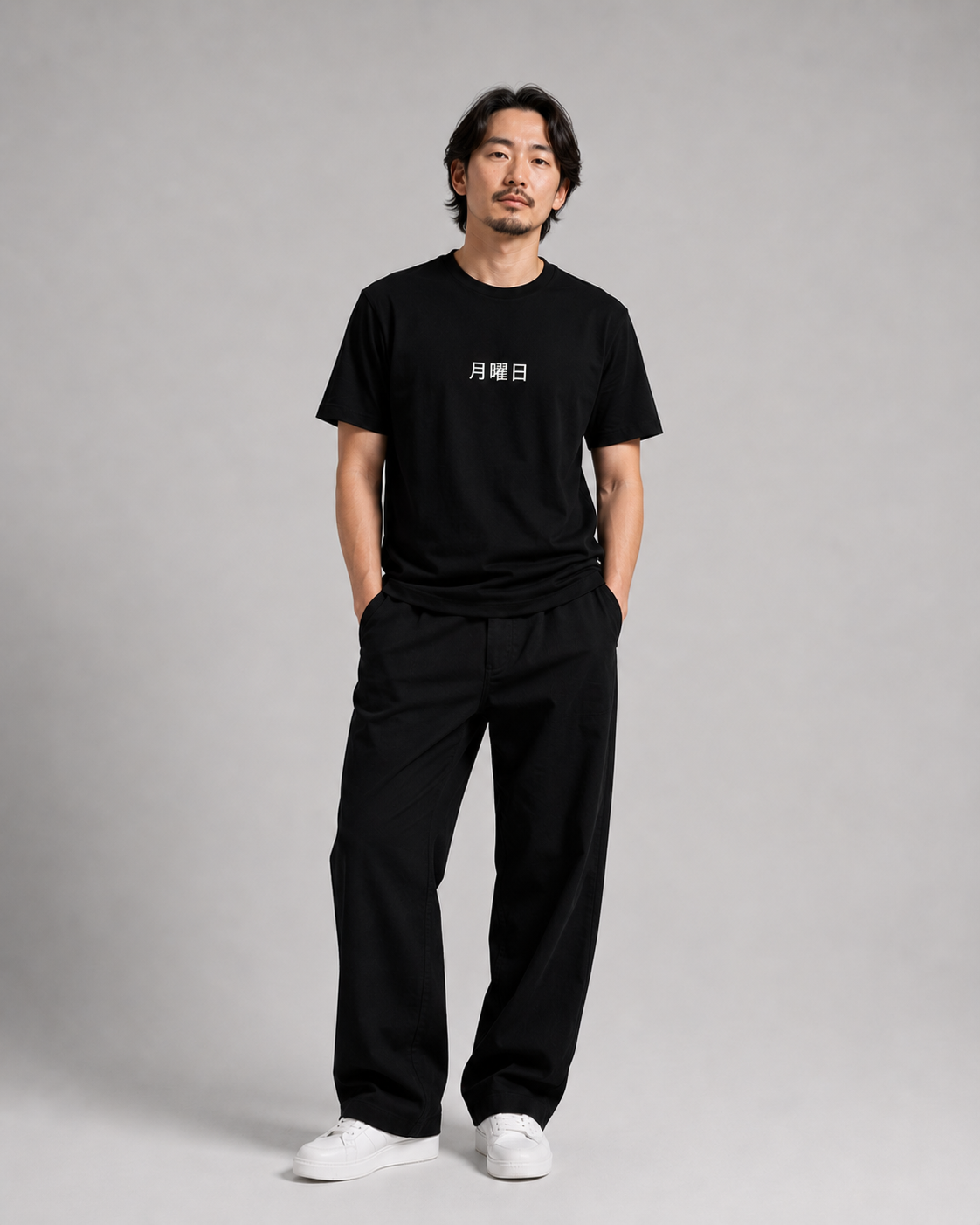 MODAY Japanese model wearing Monday T-shirt in Japanese